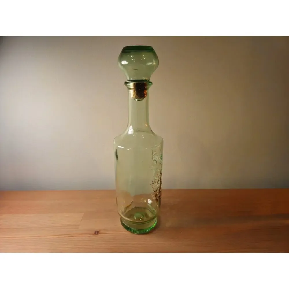 Vintage 1960's Green Willow Glass Liquor Decanter Gold Tree White Blossom 12